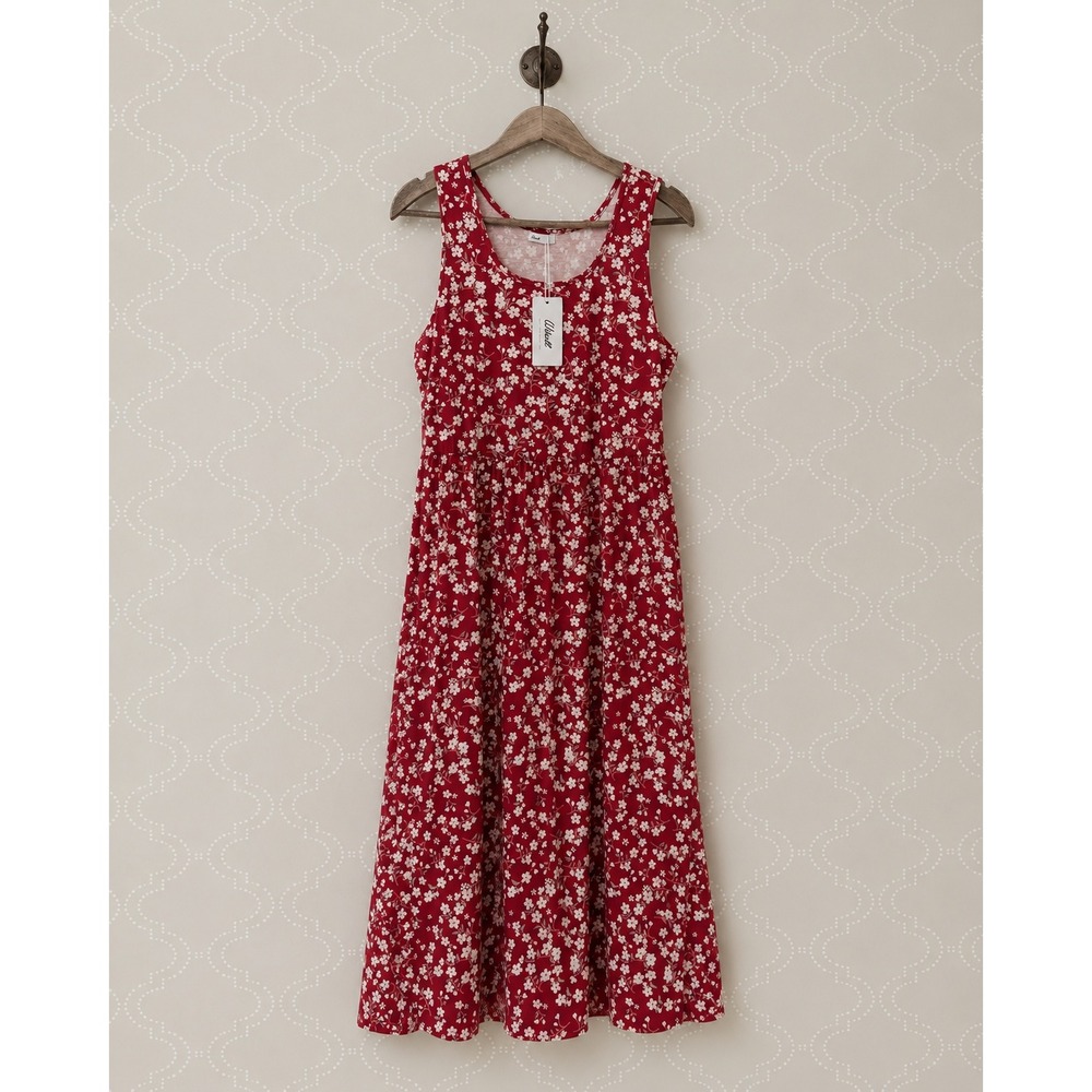 Wiholl Maxi Dress Floral Print Sleeveless Pockets Red Size Large NWT